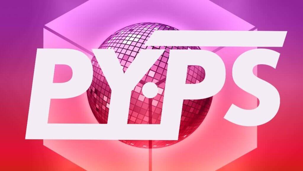 De poster voor het evenement van PYPS op 27 juni 2026. Er is een discobal en een abstracte kubus te zien, met het logo van PYPS ervoor. Het geheel heeft een gradient van rood, oranje en paars.